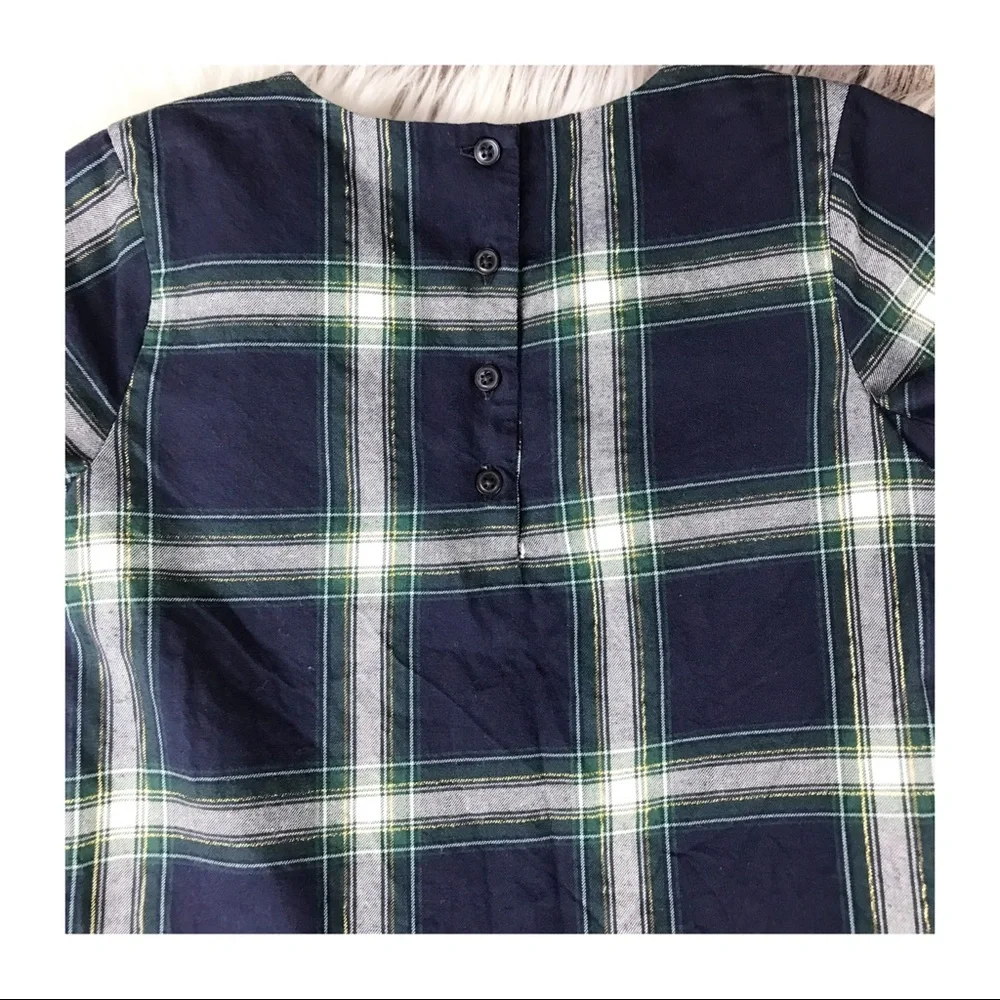 Gymboree Holiday Christmas Short Sleeve Embellished Plaid Dress Navy Blue Size 8